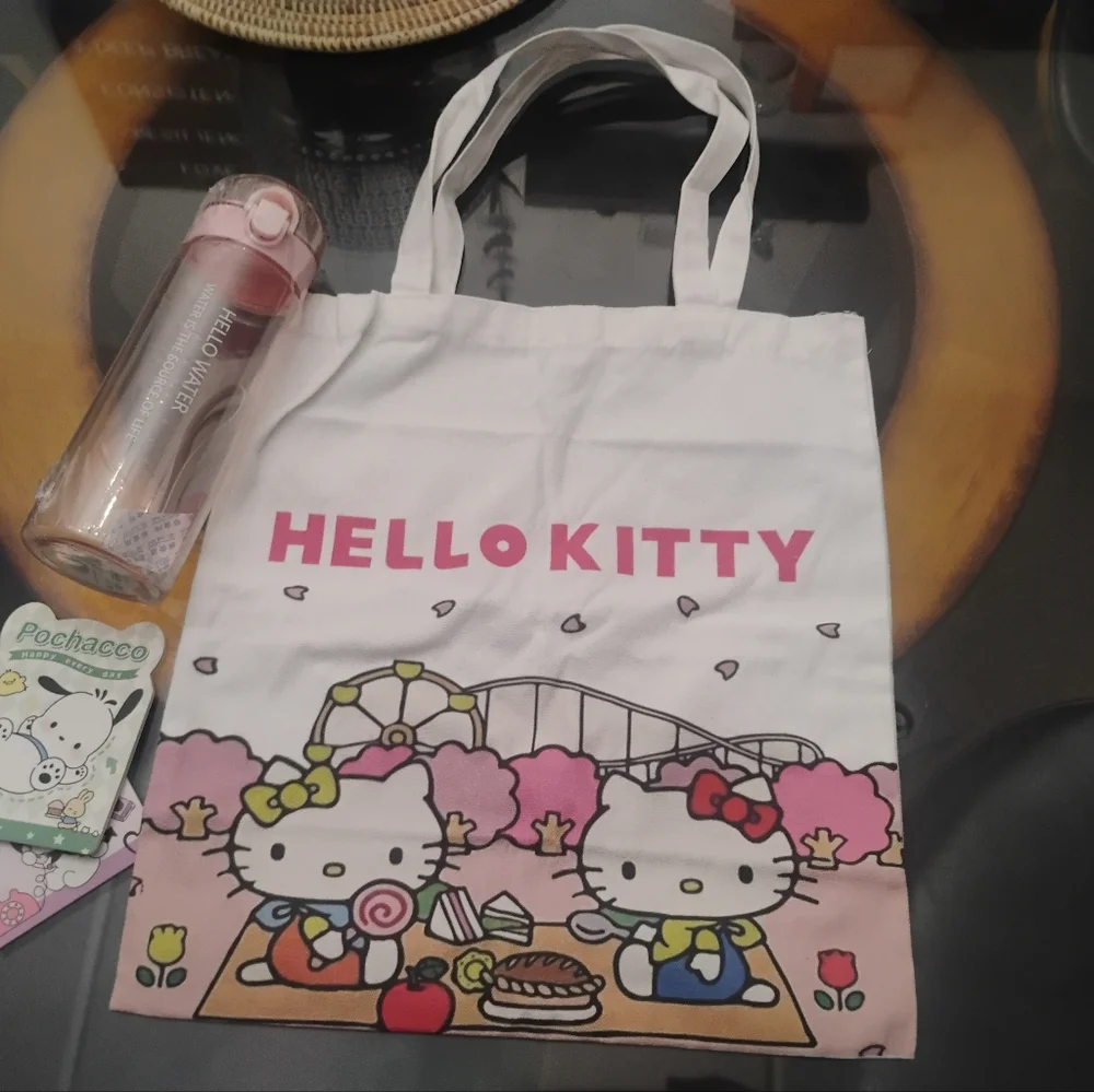 Hello Kitty Pink Picnic Cotton Canvas Tote with Bonus Water Bottle NEW